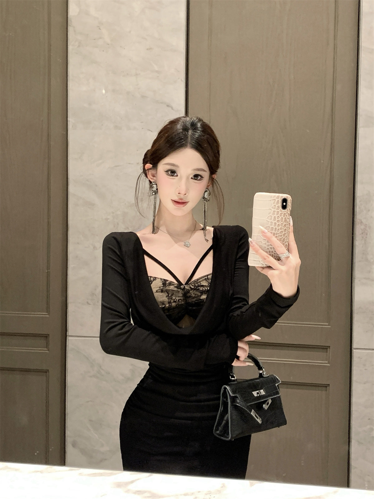 Ornate Lace Trim Mermaid Maxi Dress Playful Long Sleeve Draped Neck Long Dress AP3675