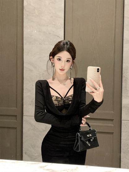 Ornate Lace Trim Mermaid Maxi Dress Playful Long Sleeve Draped Neck Long Dress AP3675