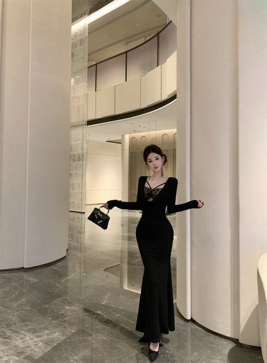 Ornate Lace Trim Mermaid Maxi Dress Playful Long Sleeve Draped Neck Long Dress AP3675