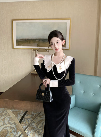 Fabulous Long Sleeve Embroidered Jewel Neck Maxi Dress French Style Mermaid Black Long Dress AP3676