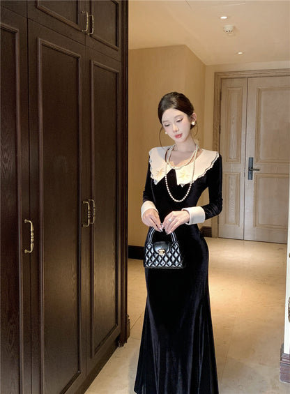 Fabulous Long Sleeve Embroidered Jewel Neck Maxi Dress French Style Mermaid Black Long Dress AP3676