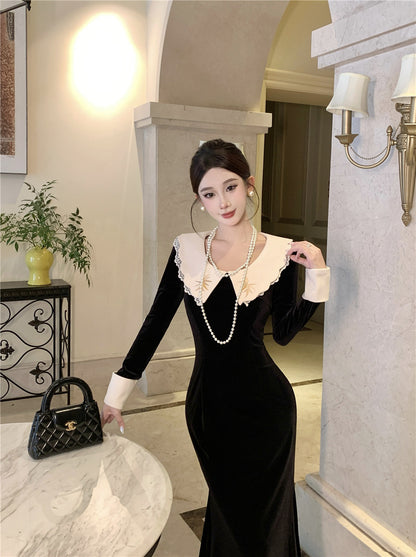 Fabulous Long Sleeve Embroidered Jewel Neck Maxi Dress French Style Mermaid Black Long Dress AP3676