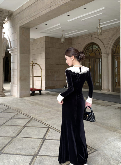 Fabulous Long Sleeve Embroidered Jewel Neck Maxi Dress French Style Mermaid Black Long Dress AP3676