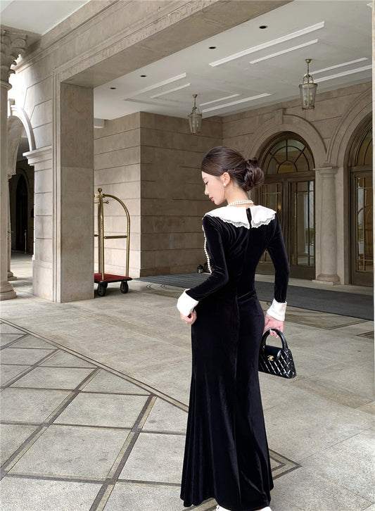 Fabulous Long Sleeve Embroidered Jewel Neck Maxi Dress French Style Mermaid Black Long Dress AP3676