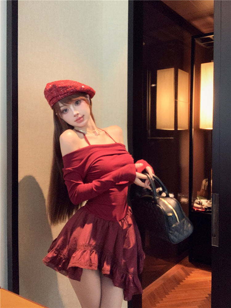 Chic Asymmetric Hem Off-The-Shoulder Mini Skirt Novelty Long Sleeve A-Line Red Short Dress AP3677