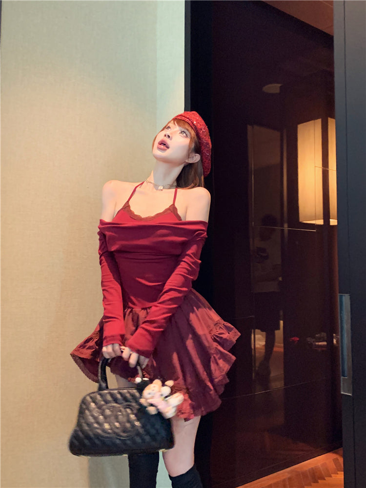 Chic Asymmetric Hem Off-The-Shoulder Mini Skirt Novelty Long Sleeve A-Line Red Short Dress AP3677