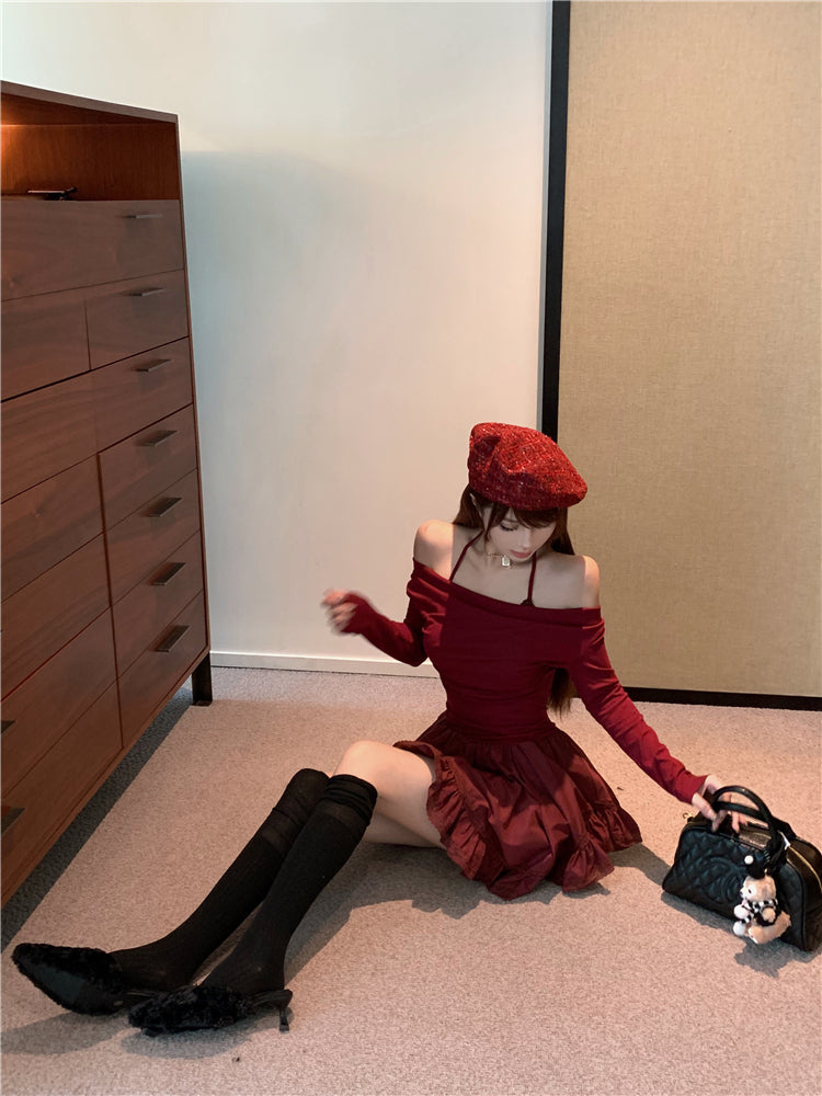 Chic Asymmetric Hem Off-The-Shoulder Mini Skirt Novelty Long Sleeve A-Line Red Short Dress AP3677