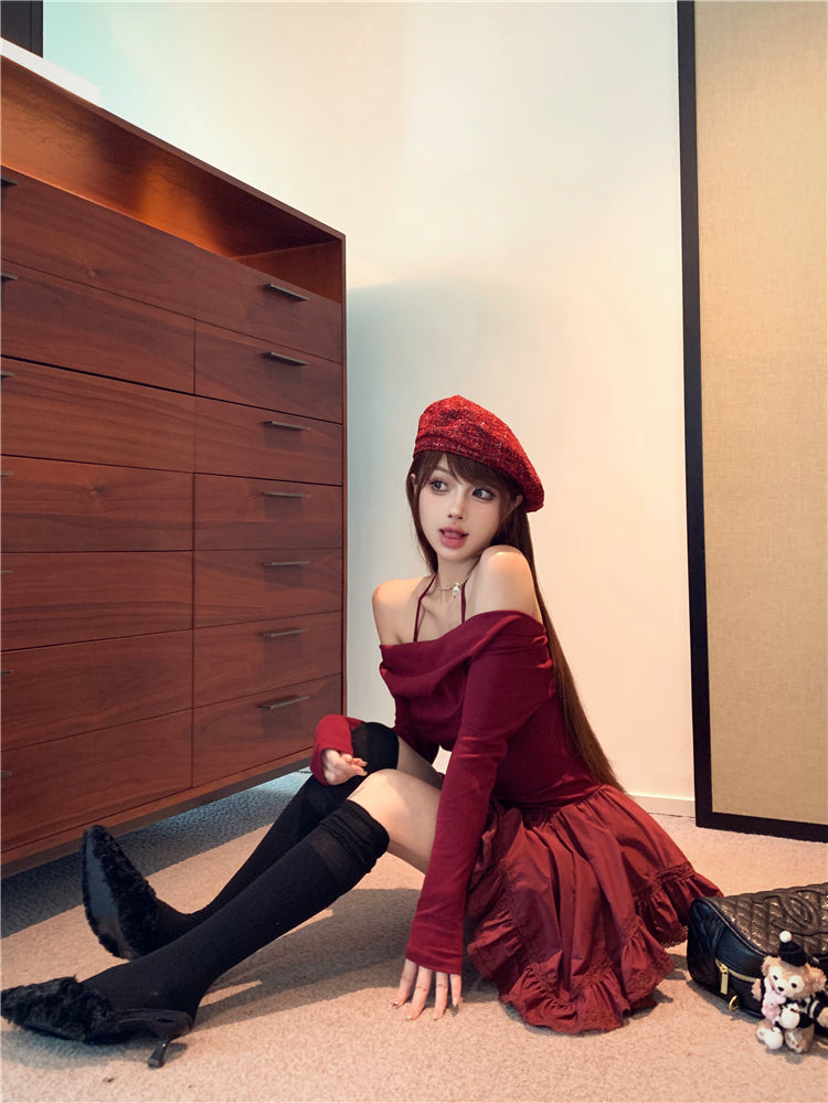 Chic Asymmetric Hem Off-The-Shoulder Mini Skirt Novelty Long Sleeve A-Line Red Short Dress AP3677