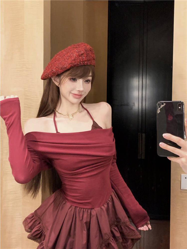 Chic Asymmetric Hem Off-The-Shoulder Mini Skirt Novelty Long Sleeve A-Line Red Short Dress AP3677