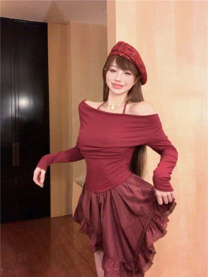 Chic Asymmetric Hem Off-The-Shoulder Mini Skirt Novelty Long Sleeve A-Line Red Short Dress AP3677