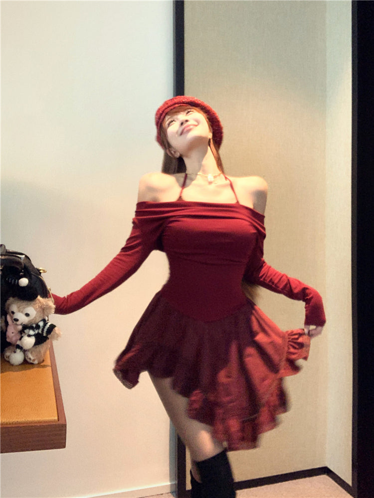 Chic Asymmetric Hem Off-The-Shoulder Mini Skirt Novelty Long Sleeve A-Line Red Short Dress AP3677