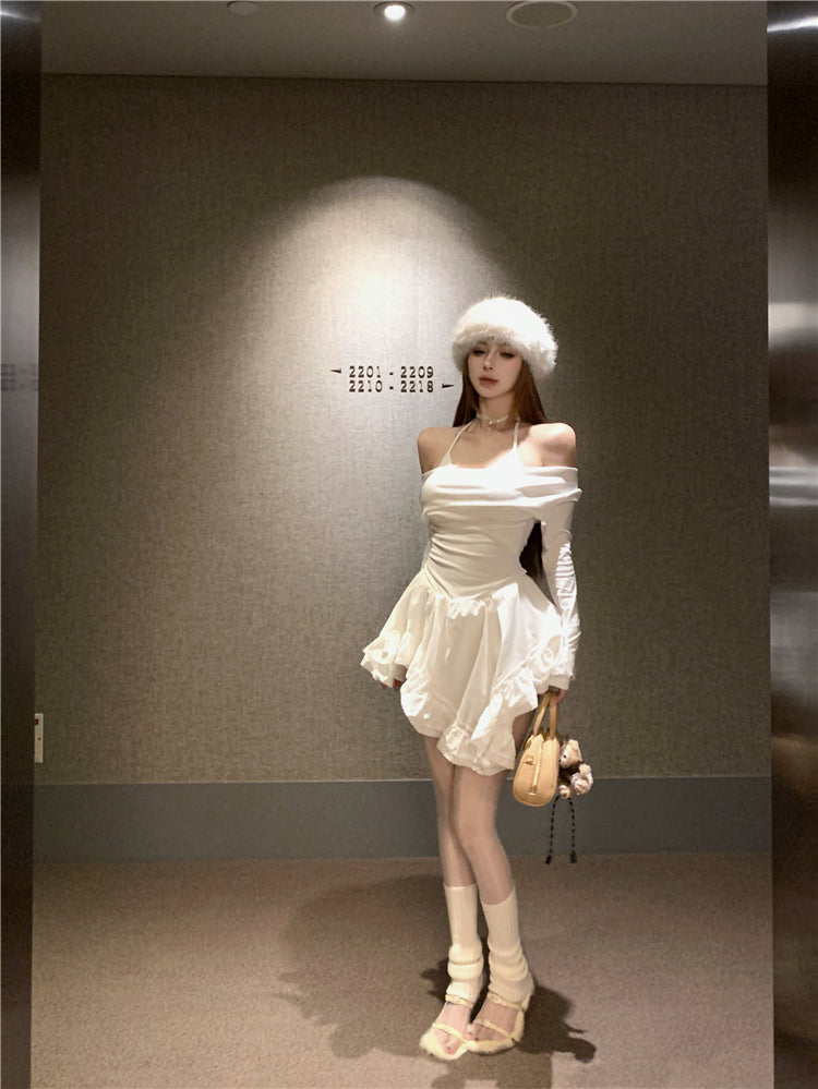 Luxurious Asymmetric Hem A-Line White Mini Skirt Charming Long Sleeve Off-Shoulder Short Dress AP3678