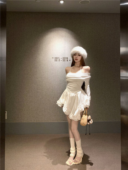 Luxurious Asymmetric Hem A-Line White Mini Skirt Charming Long Sleeve Off-Shoulder Short Dress AP3678
