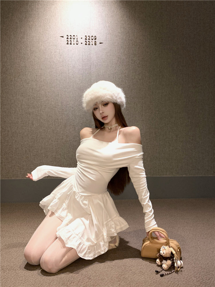 Luxurious Asymmetric Hem A-Line White Mini Skirt Charming Long Sleeve Off-Shoulder Short Dress AP3678