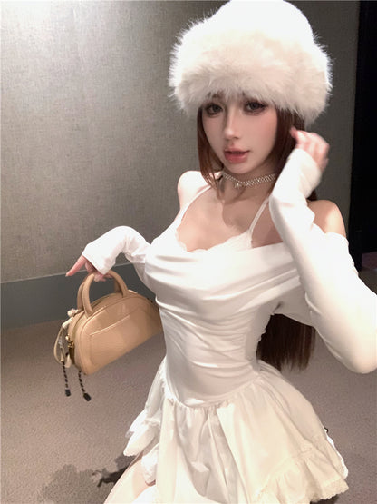 Luxurious Asymmetric Hem A-Line White Mini Skirt Charming Long Sleeve Off-Shoulder Short Dress AP3678