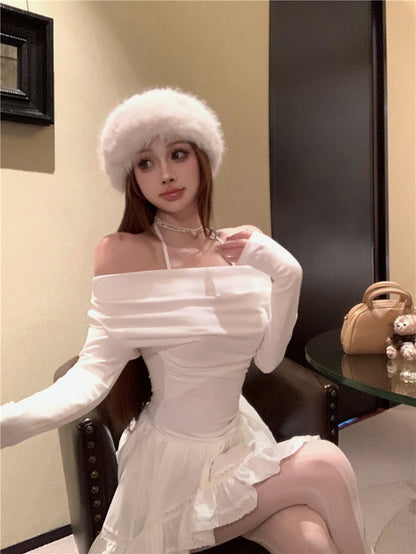 Luxurious Asymmetric Hem A-Line White Mini Skirt Charming Long Sleeve Off-Shoulder Short Dress AP3678