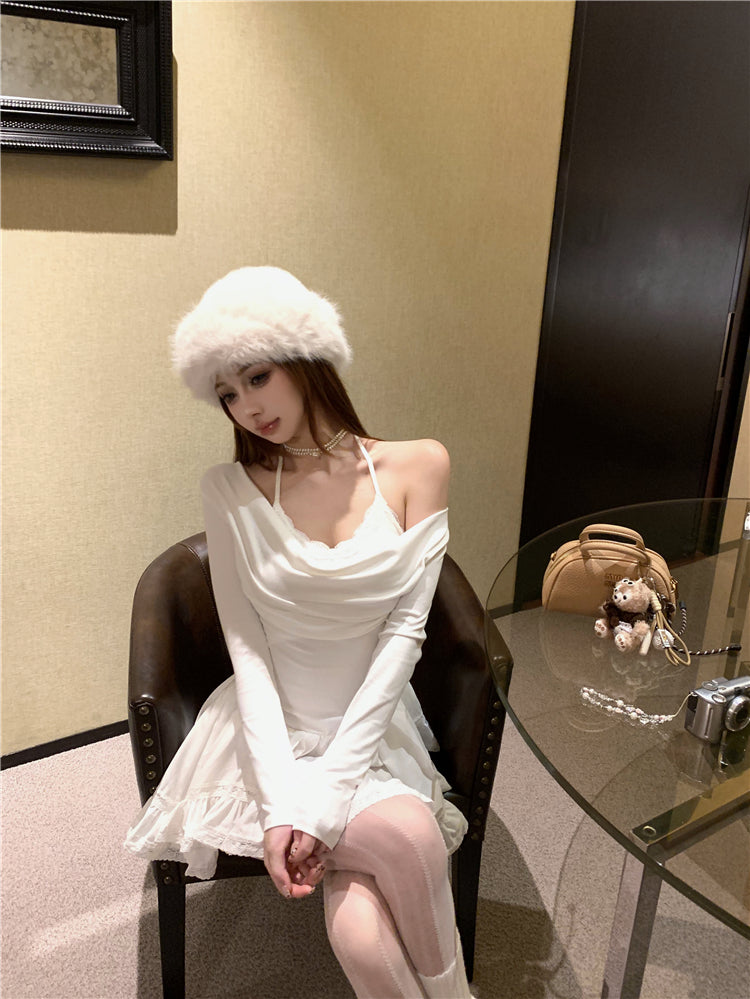 Luxurious Asymmetric Hem A-Line White Mini Skirt Charming Long Sleeve Off-Shoulder Short Dress AP3678