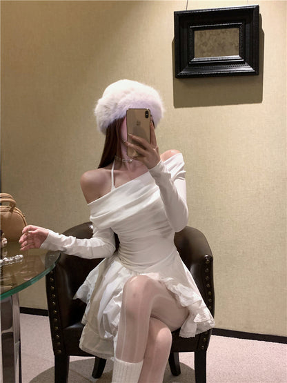 Luxurious Asymmetric Hem A-Line White Mini Skirt Charming Long Sleeve Off-Shoulder Short Dress AP3678