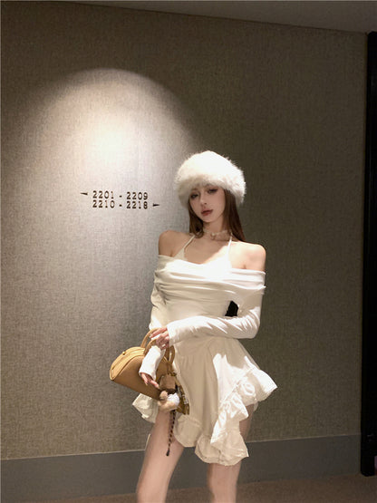 Luxurious Asymmetric Hem A-Line White Mini Skirt Charming Long Sleeve Off-Shoulder Short Dress AP3678