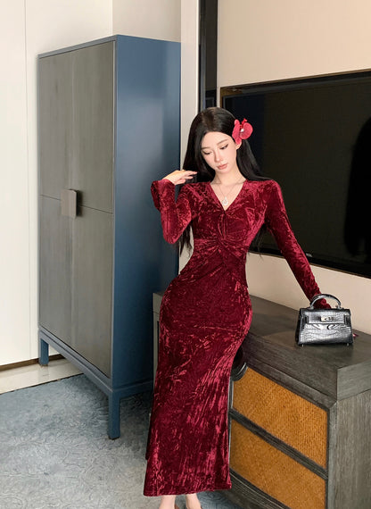 Luxury Mermaid V Neck Red Maxi Dress Sexy Long Sleeve Velvet Evening Long Dress AP3679