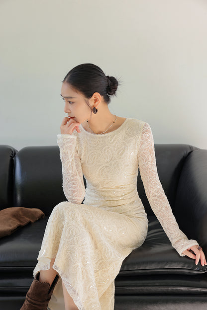 Fantastic Sheath Lace Long Sleeve Maxi Dress Elegant Sequins Jewel Neck Long Dress AP3682