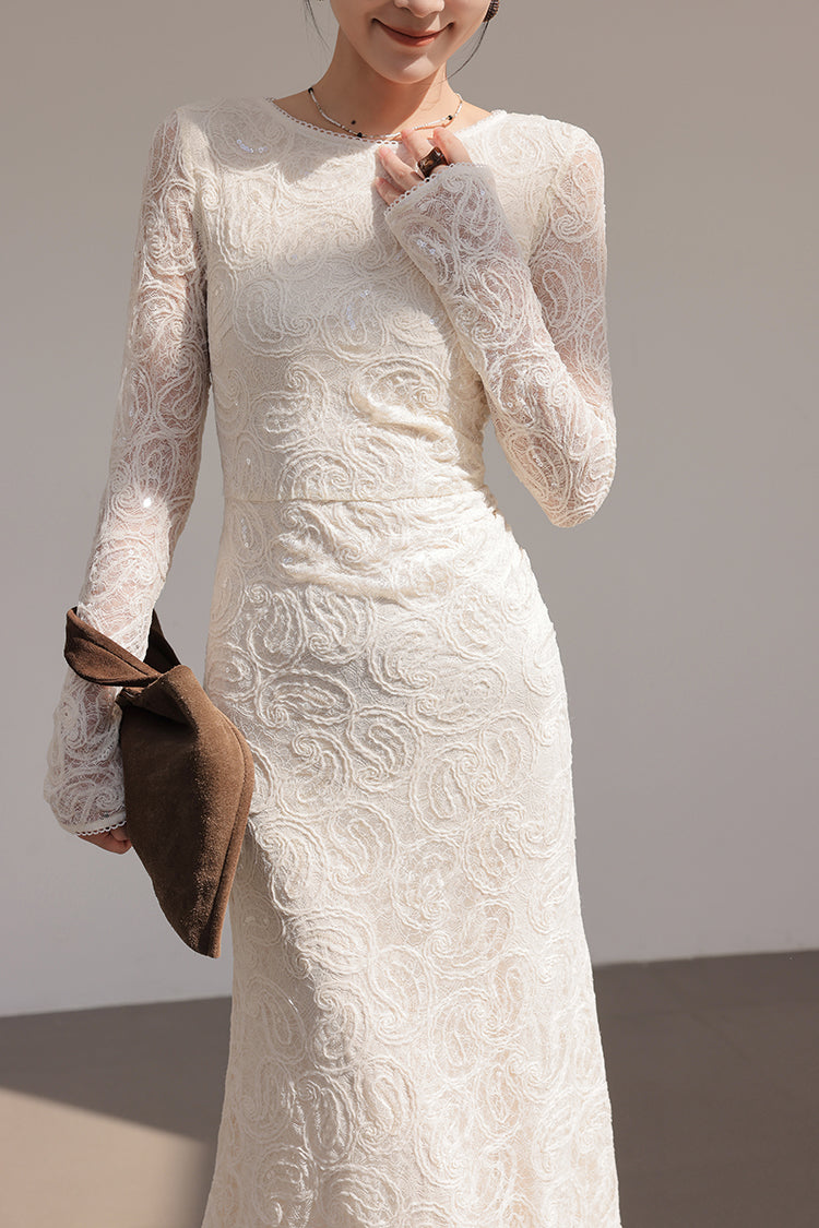 Fantastic Sheath Lace Long Sleeve Maxi Dress Elegant Sequins Jewel Neck Long Dress AP3682