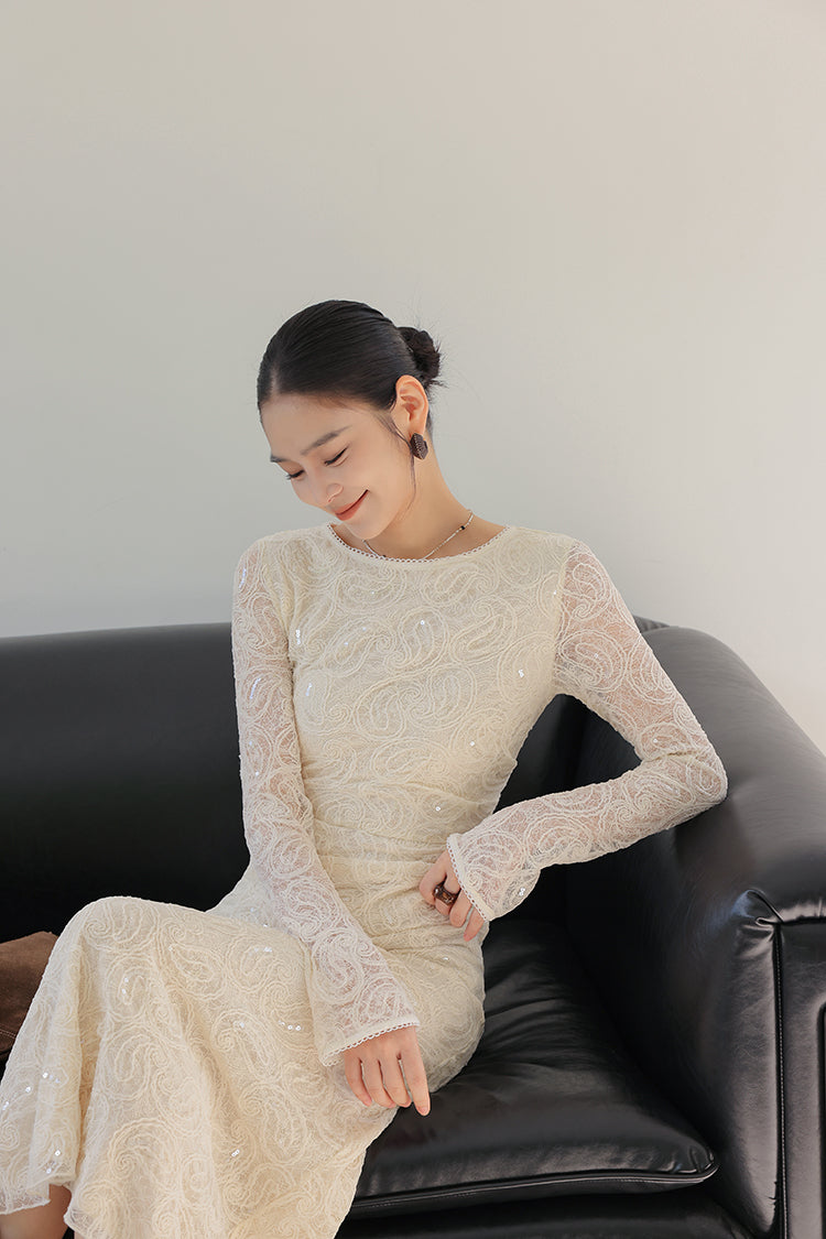 Fantastic Sheath Lace Long Sleeve Maxi Dress Elegant Sequins Jewel Neck Long Dress AP3682
