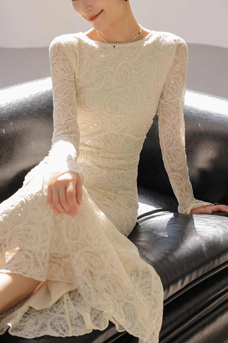 Fantastic Sheath Lace Long Sleeve Maxi Dress Elegant Sequins Jewel Neck Long Dress AP3682