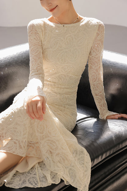 Fantastic Sheath Lace Long Sleeve Maxi Dress Elegant Sequins Jewel Neck Long Dress AP3682