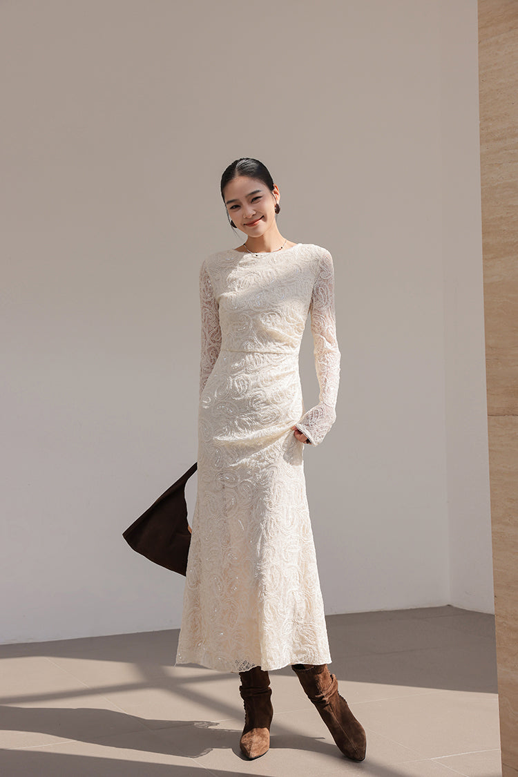 Fantastic Sheath Lace Long Sleeve Maxi Dress Elegant Sequins Jewel Neck Long Dress AP3682