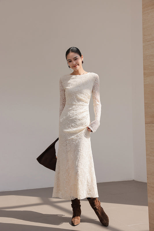 Fantastic Sheath Lace Long Sleeve Maxi Dress Elegant Sequins Jewel Neck Long Dress AP3682