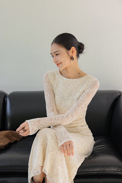 Fantastic Sheath Lace Long Sleeve Maxi Dress Elegant Sequins Jewel Neck Long Dress AP3682