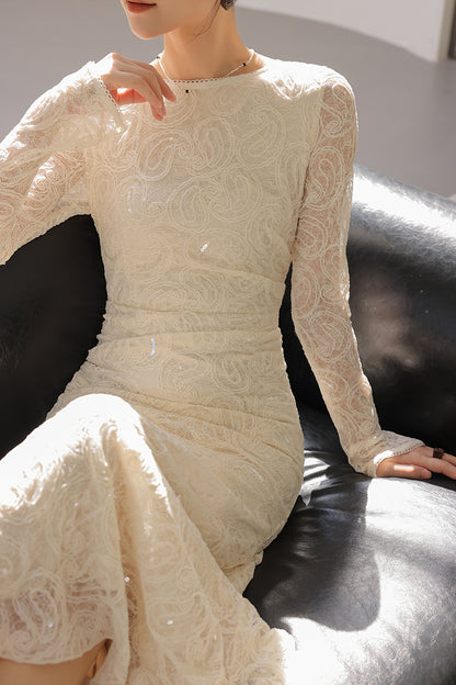 Fantastic Sheath Lace Long Sleeve Maxi Dress Elegant Sequins Jewel Neck Long Dress AP3682