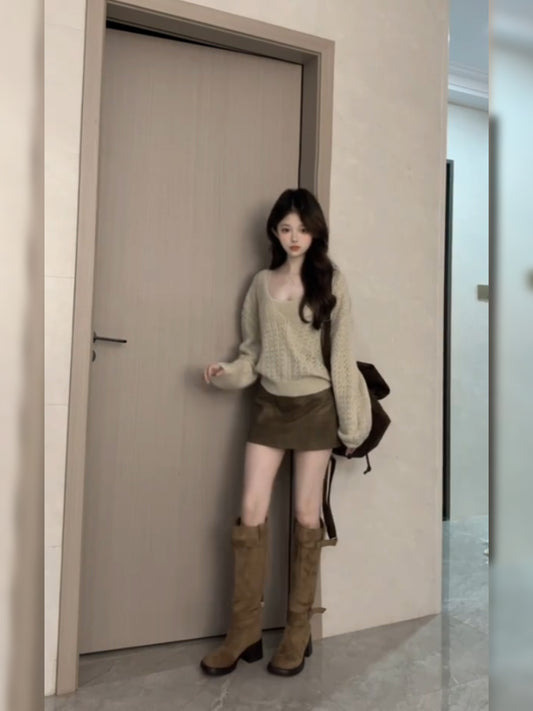 Dopamine Style 3-Piece Set Sheath Mini Skirt Retro Long Sleeve Cutout Knitted Sweater Square Neck Short Dress AP3683