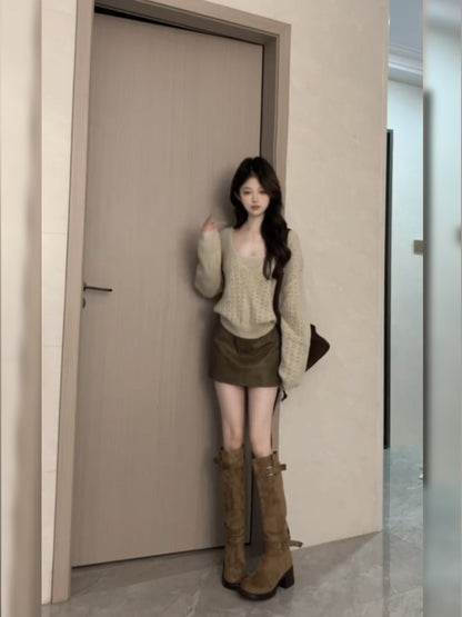 Dopamine Style 3-Piece Set Sheath Mini Skirt Retro Long Sleeve Cutout Knitted Sweater Square Neck Short Dress AP3683