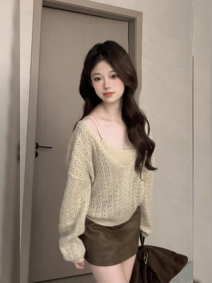 Dopamine Style 3-Piece Set Sheath Mini Skirt Retro Long Sleeve Cutout Knitted Sweater Square Neck Short Dress AP3683