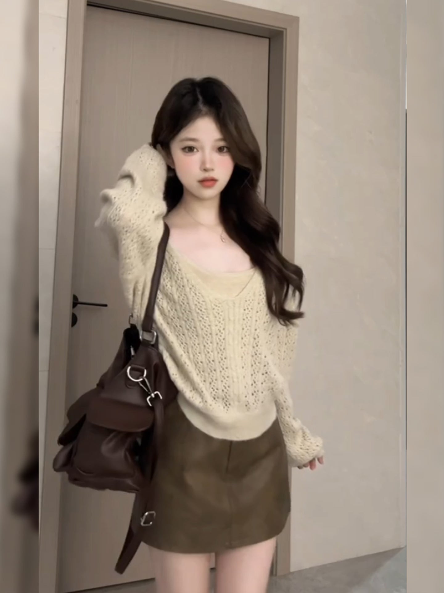 Dopamine Style 3-Piece Set Sheath Mini Skirt Retro Long Sleeve Cutout Knitted Sweater Square Neck Short Dress AP3683