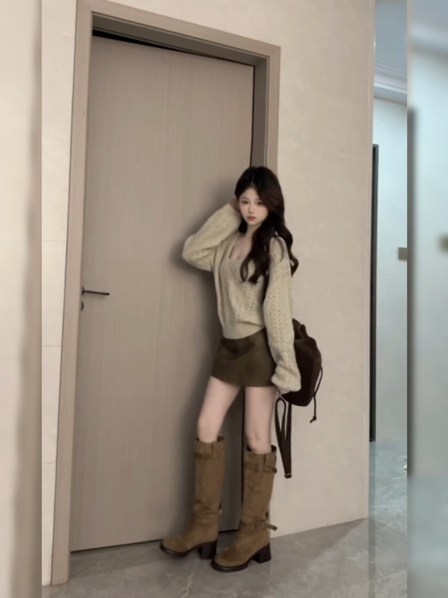 Dopamine Style 3-Piece Set Sheath Mini Skirt Retro Long Sleeve Cutout Knitted Sweater Square Neck Short Dress AP3683