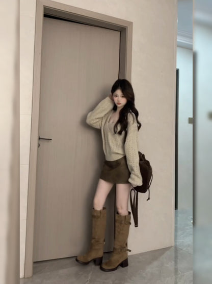 Dopamine Style 3-Piece Set Sheath Mini Skirt Retro Long Sleeve Cutout Knitted Sweater Square Neck Short Dress AP3683