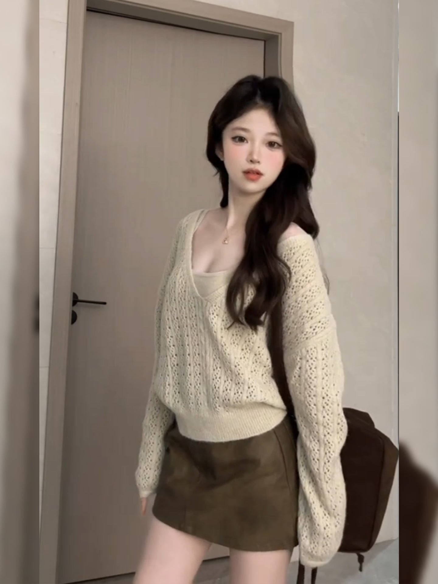 Dopamine Style 3-Piece Set Sheath Mini Skirt Retro Long Sleeve Cutout Knitted Sweater Square Neck Short Dress AP3683