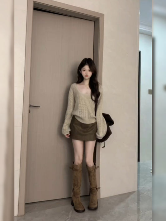 Dopamine Style 3-Piece Set Sheath Mini Skirt Retro Long Sleeve Cutout Knitted Sweater Square Neck Short Dress AP3683