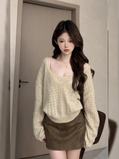 Dopamine Style 3-Piece Set Sheath Mini Skirt Retro Long Sleeve Cutout Knitted Sweater Square Neck Short Dress AP3683