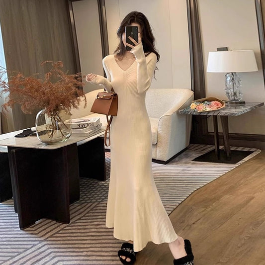 Chic Long Sleeve Knitted Mermaid Maxi Dress Fantastic V Neck Evening Long Dress AP3684