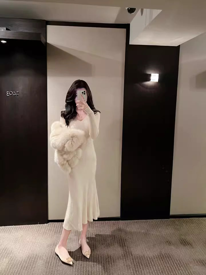 Chic Long Sleeve Knitted Mermaid Maxi Dress Fantastic V Neck Evening Long Dress AP3684