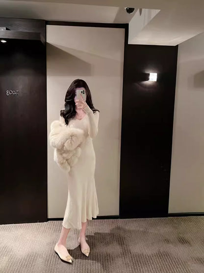 Chic Long Sleeve Knitted Mermaid Maxi Dress Fantastic V Neck Evening Long Dress AP3684