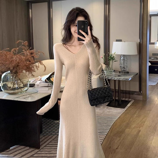Chic Long Sleeve Knitted Mermaid Maxi Dress Fantastic V Neck Evening Long Dress AP3684