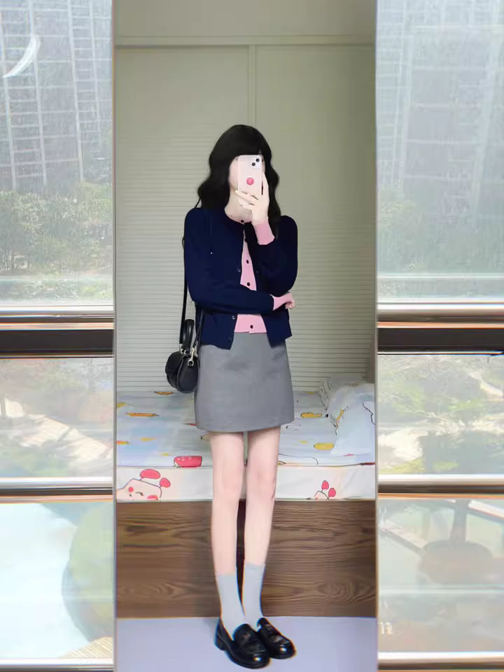 Y2K Style 2-Piece Set Sheath Mini Skirt Charming Knitted Long Sleeve Colorblock Cardigan Jewel Neck Short Dress AP3685