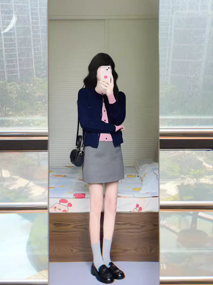 Y2K Style 2-Piece Set Sheath Mini Skirt Charming Knitted Long Sleeve Colorblock Cardigan Jewel Neck Short Dress AP3685