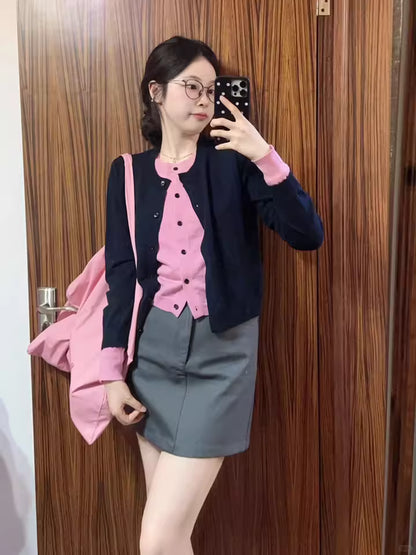 Y2K Style 2-Piece Set Sheath Mini Skirt Charming Knitted Long Sleeve Colorblock Cardigan Jewel Neck Short Dress AP3685