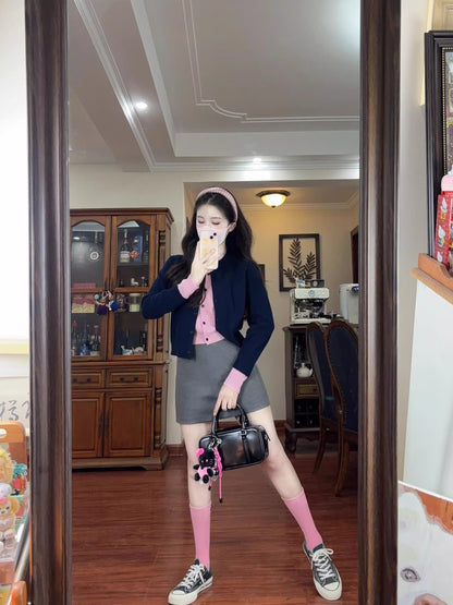 Y2K Style 2-Piece Set Sheath Mini Skirt Charming Knitted Long Sleeve Colorblock Cardigan Jewel Neck Short Dress AP3685